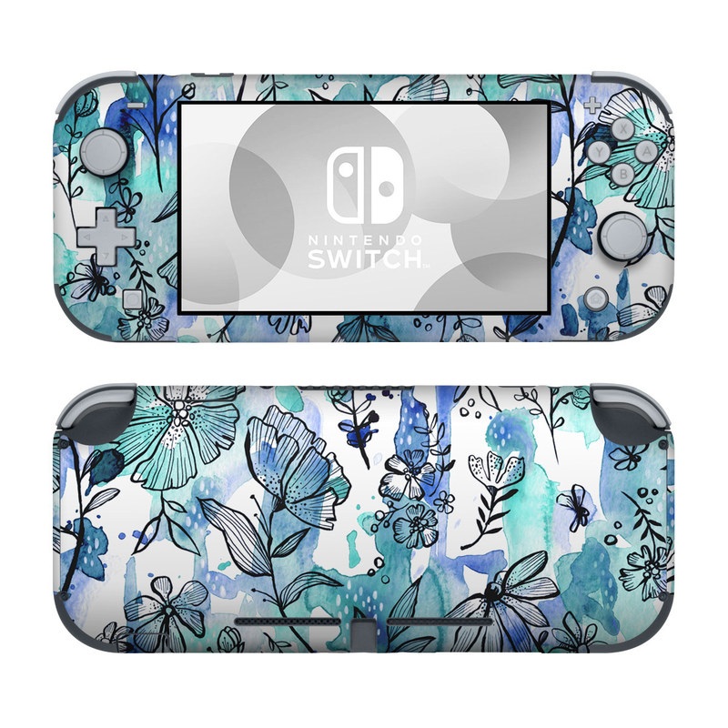 Nintendo Switch Lite Skin design of Blue, Pattern, Turquoise, Aqua, Design, Textile, Wildflower, Plant, Wrapping paper, Gift wrapping, with blue, white, black, purple colors