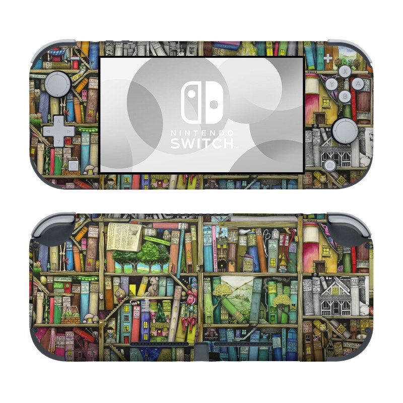 Nintendo Switch Lite Skin design of Collection, Art, Visual arts, Bookselling, Shelving, Painting, Building, Shelf, Publication, Modern art, with brown, green, blue, red, pink colors