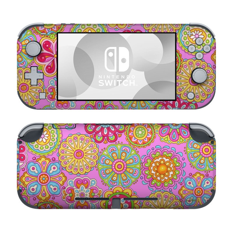 Nintendo Switch Lite Skin design of Pattern, Design, Textile, Visual arts, Wrapping paper, Motif, Pedicel, with pink, red, orange, yellow, green, blue, purple colors