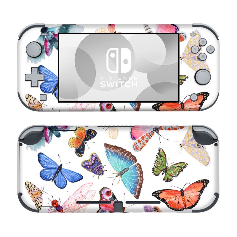 Nintendo Switch Lite Skin design of Butterfly, Pollinator, Insect, Arthropod, Organism, Moths and butterflies, Art, Symmetry, Wing, Illustration, with white, blue, green, red, yellow, orange, pink, brown, purple colors