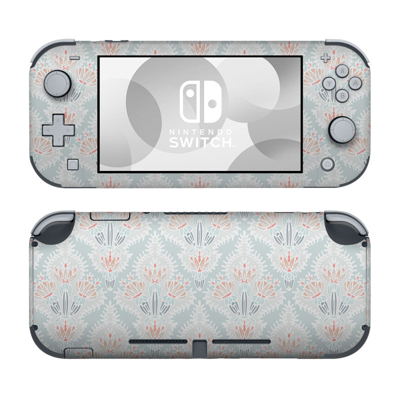 Nintendo Switch Lite Skin design of Pattern, Aqua, Line, Design, Textile, Wrapping paper, Pedicel, Dahlia, Visual arts, with blue, red, white colors