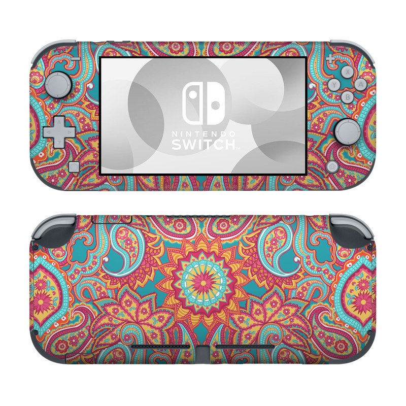 Nintendo Switch Lite Skin design of Pattern, Paisley, Motif, Visual arts, Design, Art, Textile, Psychedelic art with orange, yellow, blue, red colors