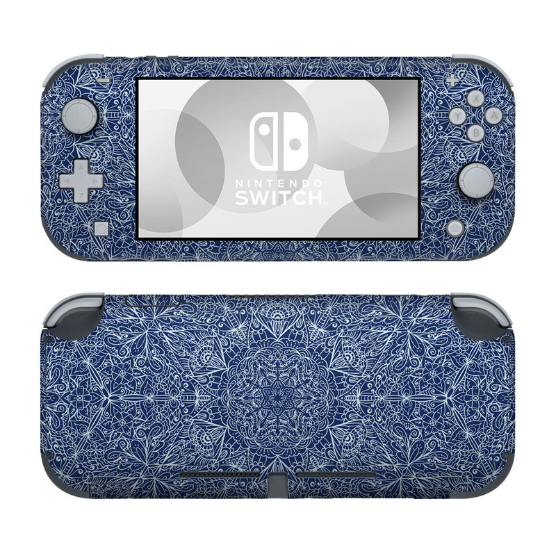 Nintendo Switch Lite Skin design of Blue, Pattern, Azure, Cobalt blue, Design, Textile, Electric blue, Wallpaper, Symmetry, with blue, white colors