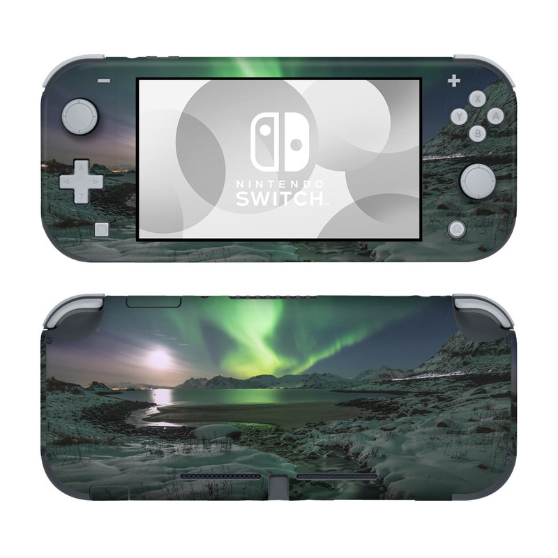 Nintendo Switch Lite Skin design of Nature, Aurora, Sky, Geological phenomenon, Water, Atmosphere, Space, Landscape, World, Glacier, with white, green, blue, black, gray colors