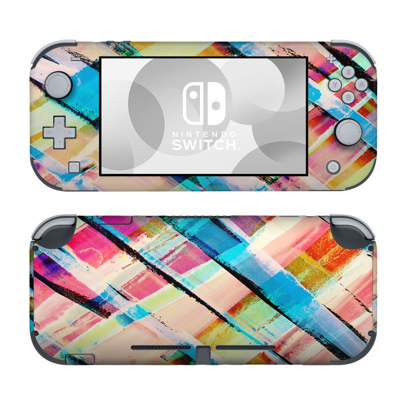Nintendo Switch Lite Skin design of Line, Pattern, Turquoise, Plaid, Orange, Colorfulness, Design, Textile, Tints and shades, with blue, pink, red, purple, yellow, orange colors