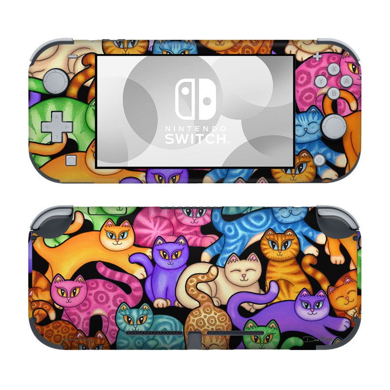 Nintendo Switch Lite Skin design of Cat, Cartoon, Felidae, Organism, Small to medium-sized cats, Illustration, Animated cartoon, Wildlife, Kitten, Art, with black, blue, red, purple, green, brown colors