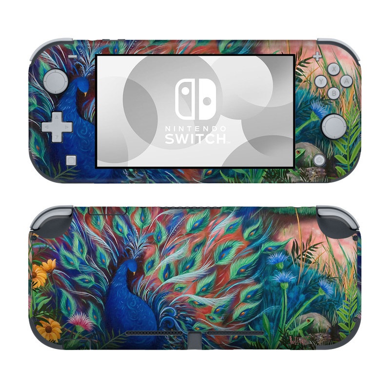 Nintendo Switch Lite Skin design of Painting, Acrylic paint, Bird, Child art, Art, Galliformes, Peafowl, Visual arts, Watercolor paint, Plant, with black, red, gray, blue, green colors
