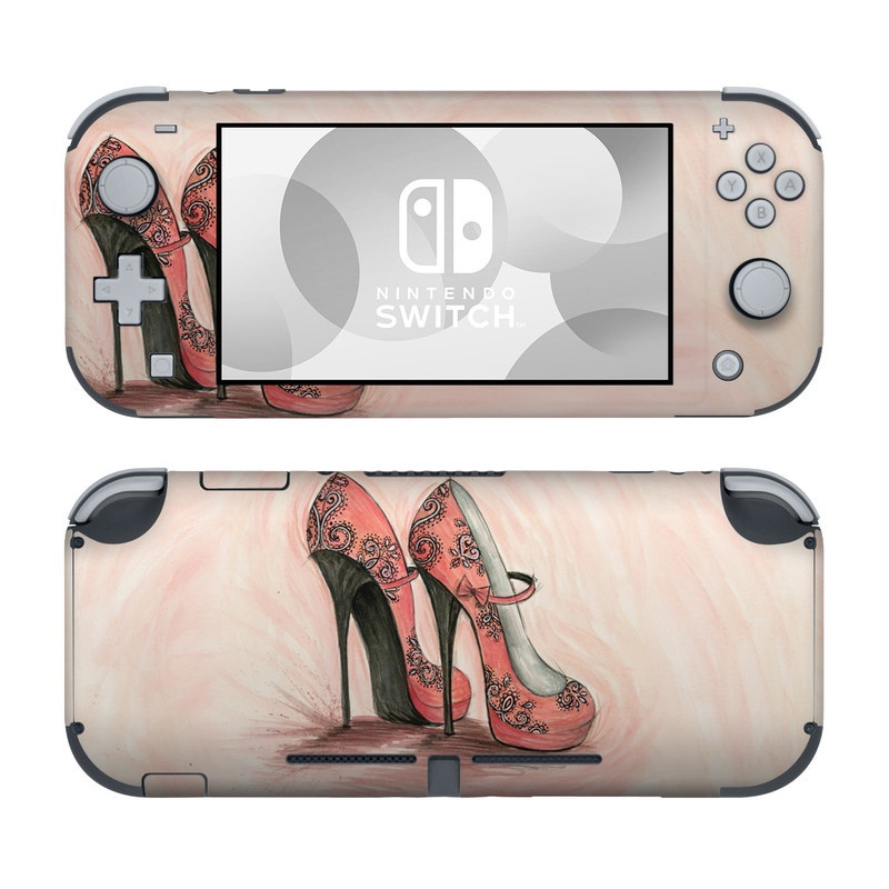 Nintendo Switch Lite Skin design of Footwear, High heels, Shoe, Pink, Court shoe, Illustration, Leg, Basic pump, Peach, Painting, with pink, gray, red, white, black, green colors