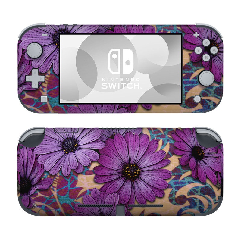 Nintendo Switch Lite Skin design of Purple, Flower, Violet, Petal, Plant, african daisy, Floral design, Wildflower, Pattern, Textile, with purple, black, gray, blue, green, red colors