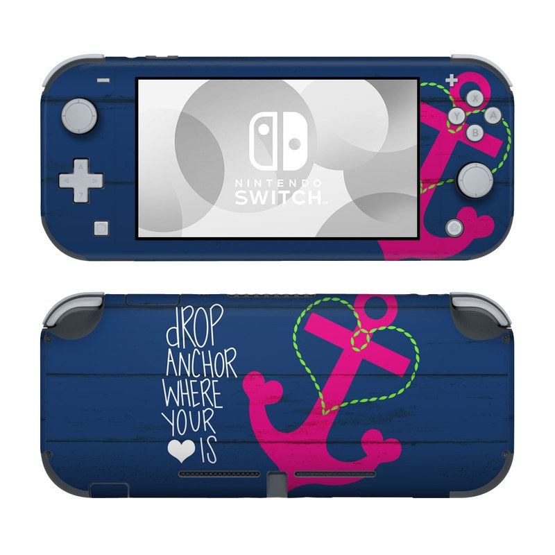 Nintendo Switch Lite Skin design of Font, Text, Love, Heart, Illustration, Anchor, Graphic design, Gesture, with black, purple, gray, red, blue, white colors