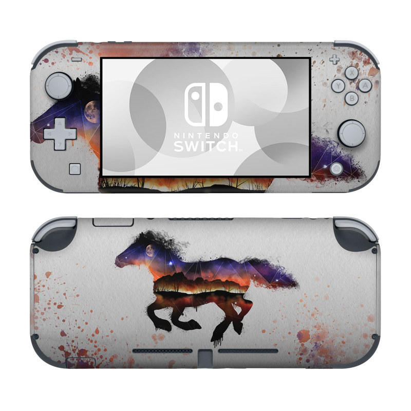 Nintendo Switch Lite Skin design of Watercolor paint, Illustration, Art, Horse, Paint, Drawing, Graphic design, Painting, Visual arts, Mustang horse, with gray, white, purple, red, yellow, black, orange colors