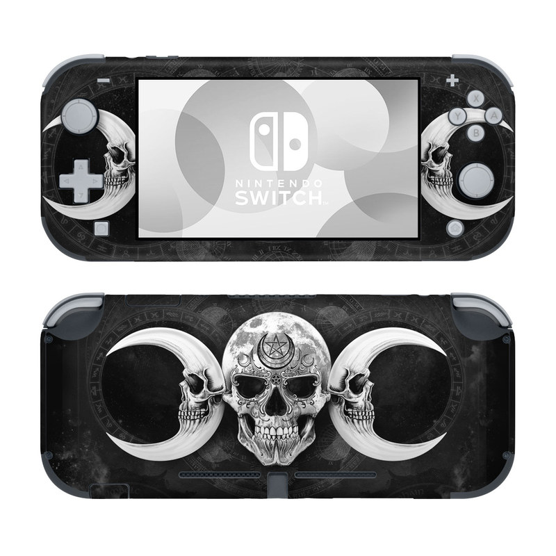 Nintendo Switch Lite Skin design of Bone, Skull, Darkness, Monochrome, Black-and-white, Circle, Symmetry, Visual Arts, Illustration, Skeleton, Drawing, with black, white, gray colors