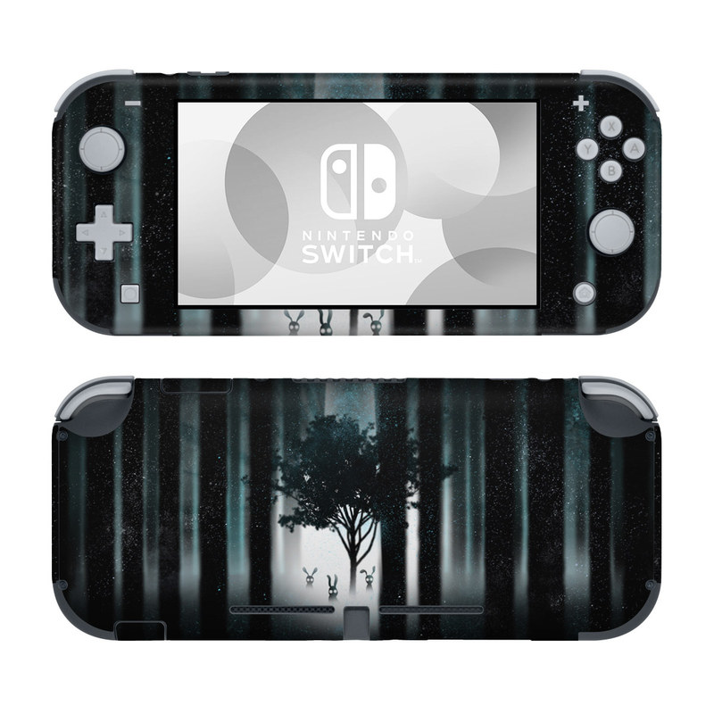 Nintendo Switch Lite Skin design of Darkness, Black, Nature, Tree, Natural environment, Forest, Atmosphere, Atmospheric phenomenon, Light, Natural landscape, with black, blue, white colors