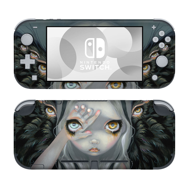 Nintendo Switch Lite Skin design of Face, Head, Cg artwork, Eye, Illustration, Organ, Fictional character, Art, Iris, Darkness, with black, gray, blue, green colors