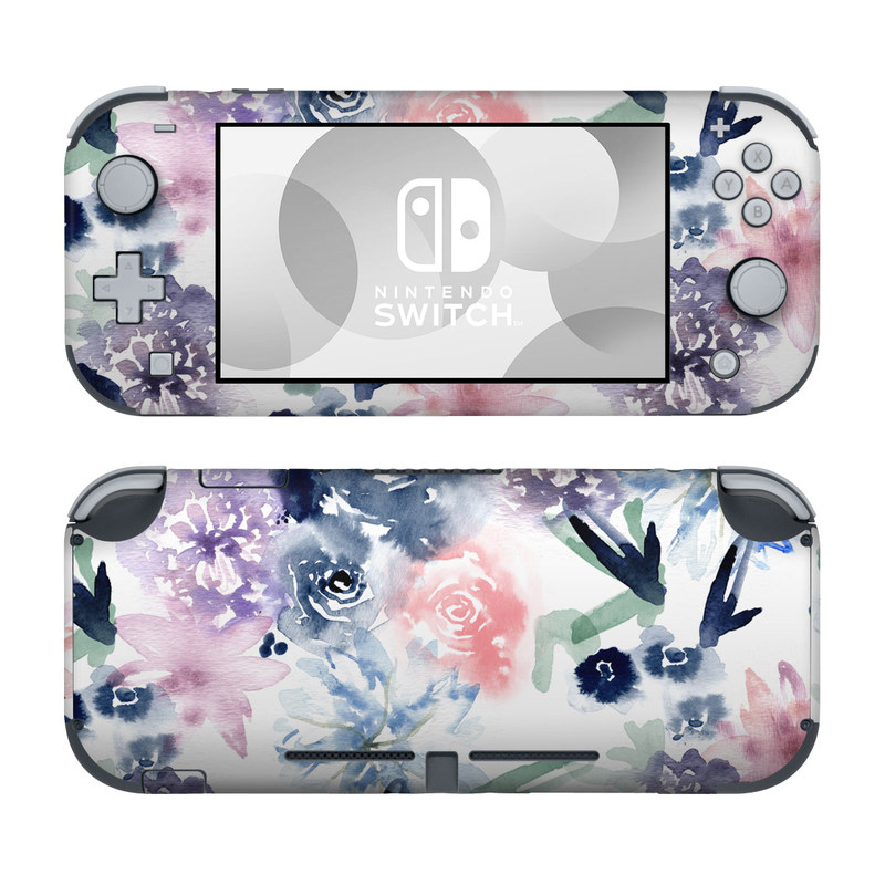 Nintendo Switch Lite Skin design of Pattern, Graphic design, Design, Floral design, Plant, Flower, Illustration, with white, blue, purple, green, pink colors
