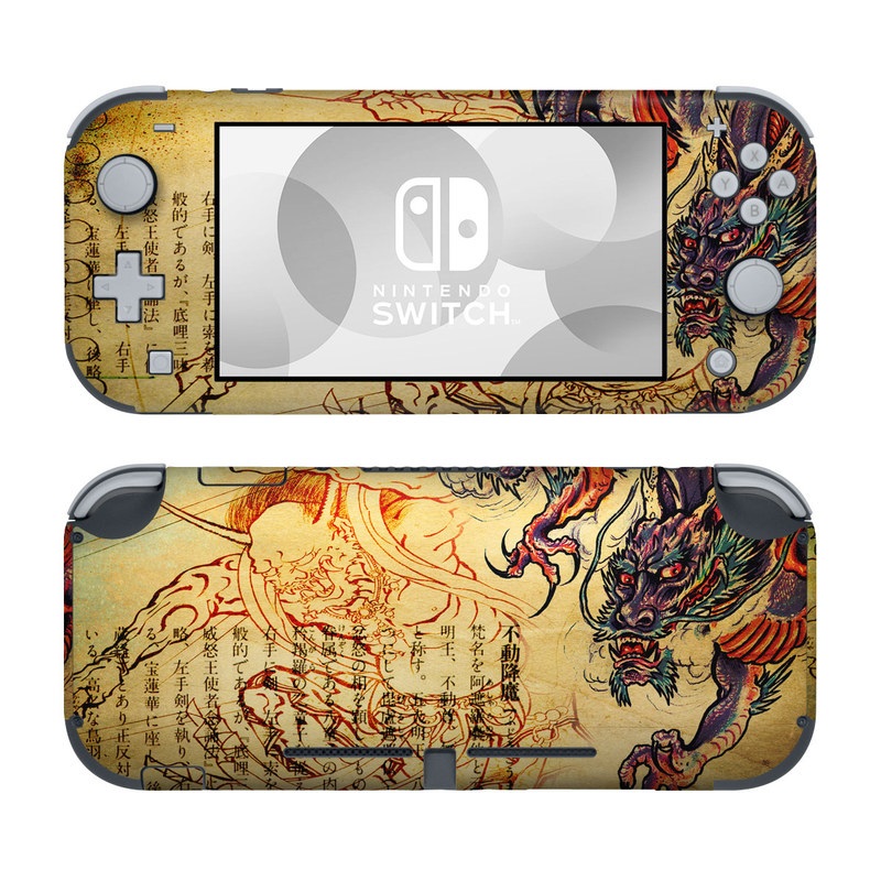 Nintendo Switch Lite Skin design of Illustration, Fictional character, Art, Demon, Drawing, Visual arts, Dragon, Supernatural creature, Mythical creature, Mythology, with black, green, red, gray, pink, orange colors