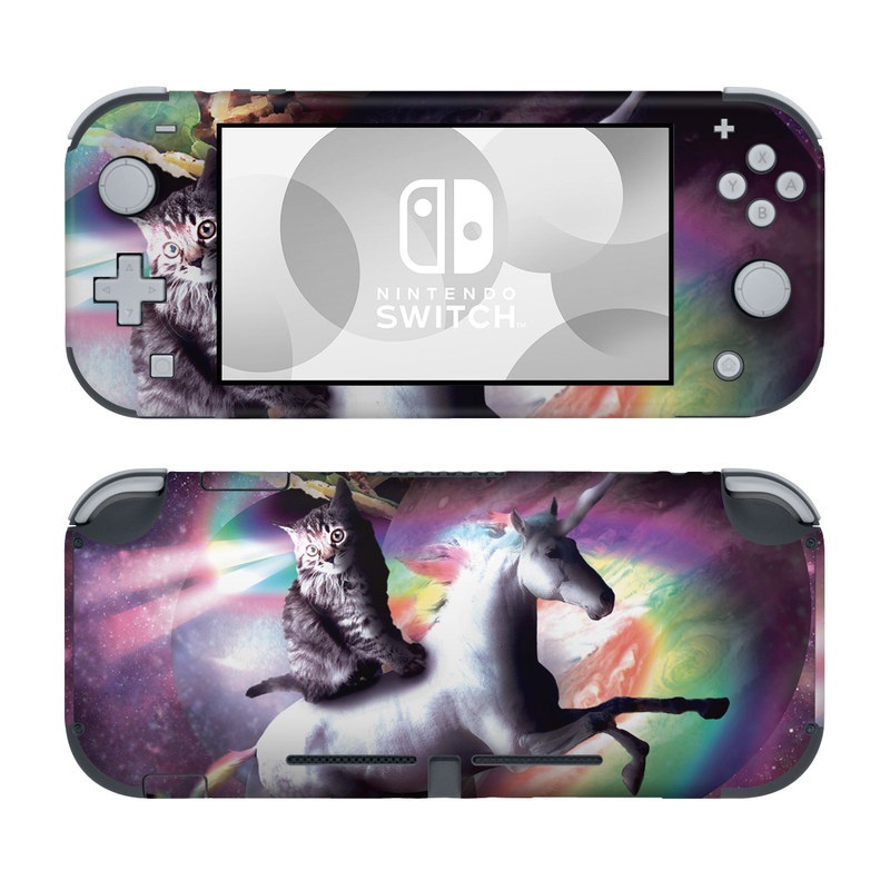 Nintendo Switch Lite Skin design of Illustration, Graphic design, Fictional character, Space, Sky, Astronomical object, Universe, Outer space, Art, Unicorn, with black, white, gray, red, yellow, green, blue, orange colors