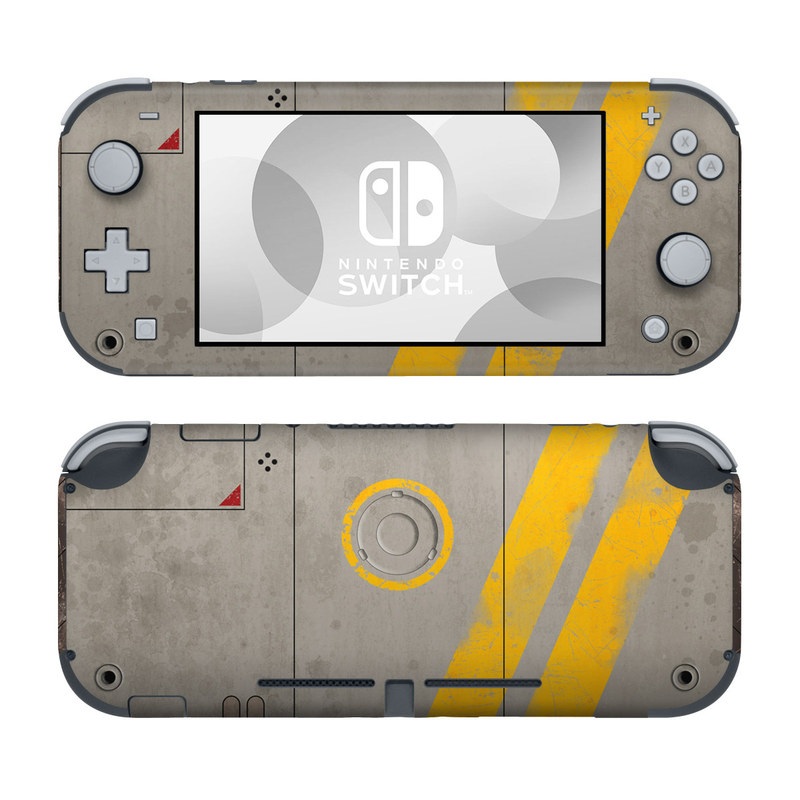 Nintendo Switch Lite Skin design of Yellow, Wall, Line, Orange, Design, Concrete, Font, Architecture, Parallel, Wood, with gray, yellow, red, black colors