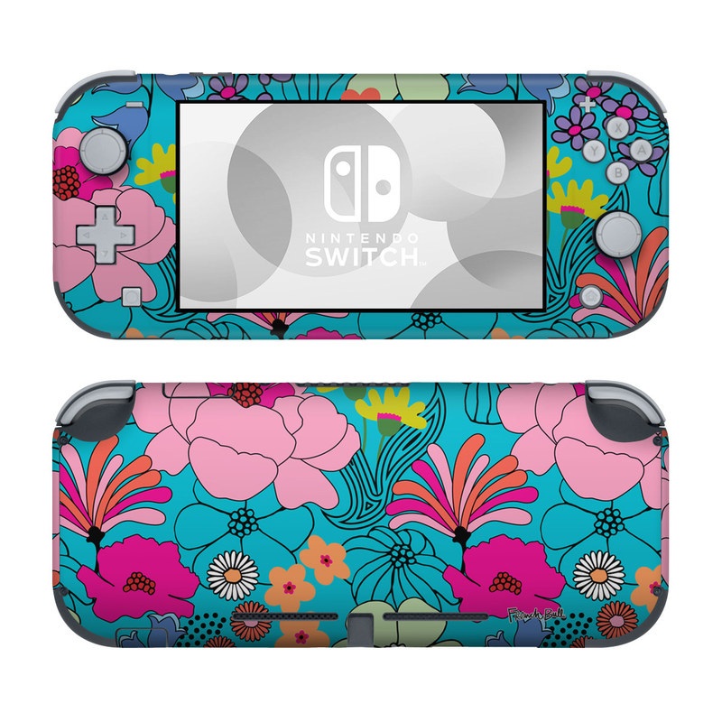 Nintendo Switch Lite Skin design of Flower, Green, Azure, Nature, Botany, Petal, Blue, Textile, Pink, Art, with blue, pink, yellow, orange, red, purple, green colors