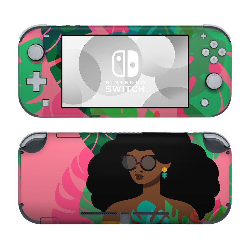 Nintendo Switch Lite Skin design of Illustration, Afro, Art, Eyewear, Glasses, Graphic design, Visual arts, Graphics, Fictional character, with brown, black, green, pink, blue, yellow colors