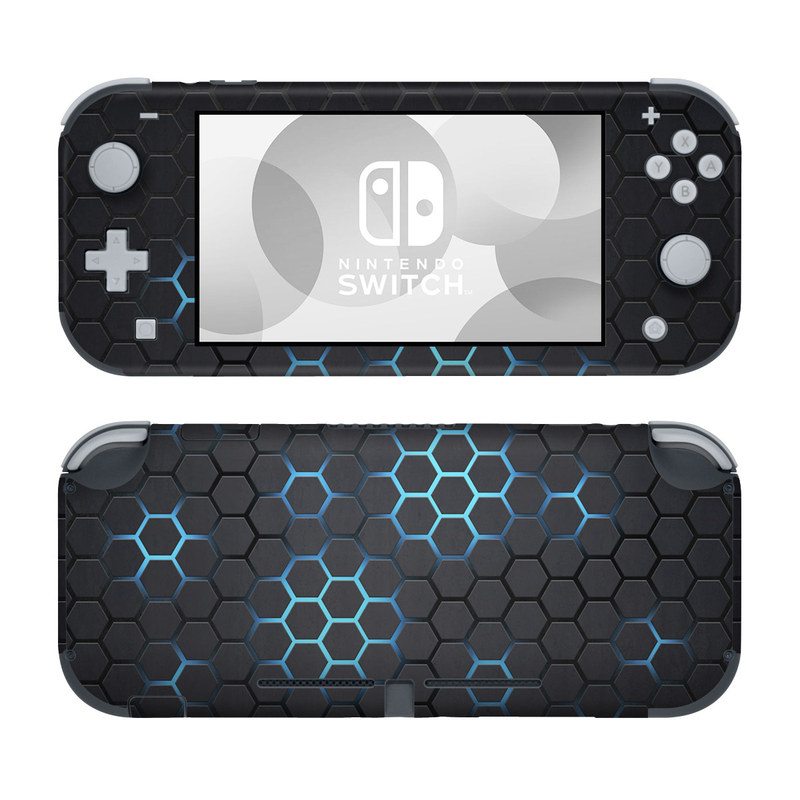 Nintendo Switch Lite Skin design of Pattern, Water, Design, Circle, Metal, Mesh, Sphere, Symmetry, with black, gray, blue colors
