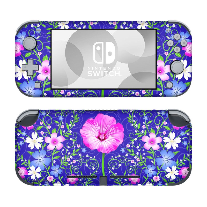 Nintendo Switch Lite Skin design of Purple, Violet, Flower, Plant, Wildflower, Pattern, Petal, Design, Graphics, Morning glory, with blue, purple, pink, green, white, yellow colors