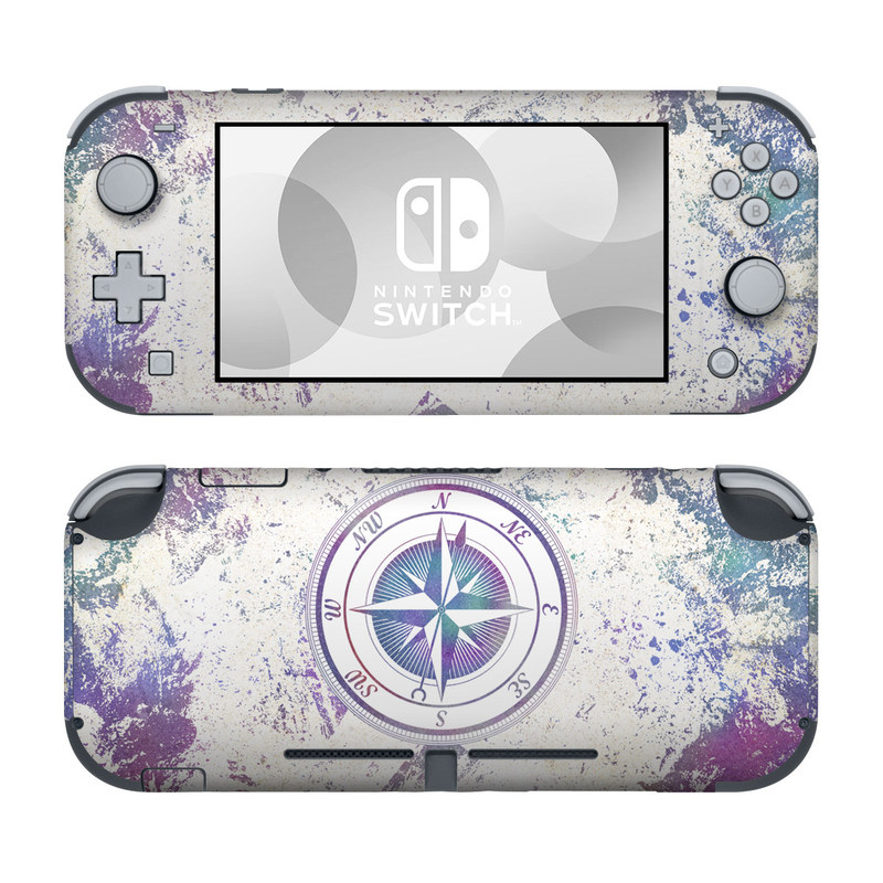 Nintendo Switch Lite Skin design of Clock, Circle, Compass, Graphics, Pattern, Illustration, Interior design, with gray, white, yellow, pink, purple, blue colors