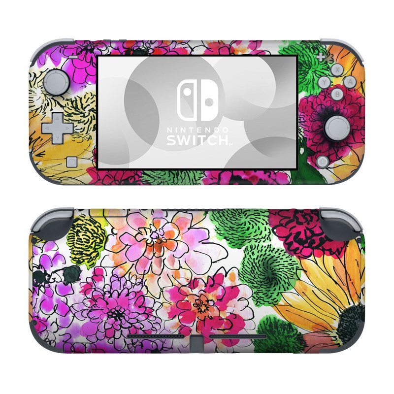 Nintendo Switch Lite Skin design of Flower, Floral design, Plant, Gazania, african daisy, Petal, Pattern, Botany, Wildflower, Design, with red, yellow, green, pink, black colors