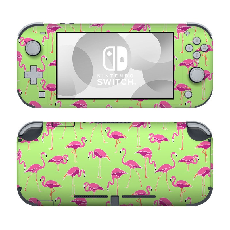 Nintendo Switch Lite Skin design of Pink, Green, Red, Pattern, Wrapping paper, Textile, Design, Flamingo, Line, with pink, green colors