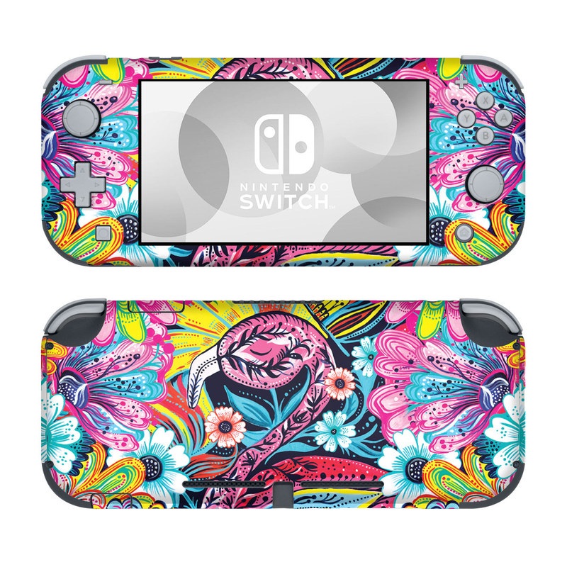 Nintendo Switch Lite Skin design of Psychedelic art, Pattern, Visual arts, Art, Design, Textile, Illustration, Plant, Graphic design, Drawing, with pink, yellow, black, blue, white colors