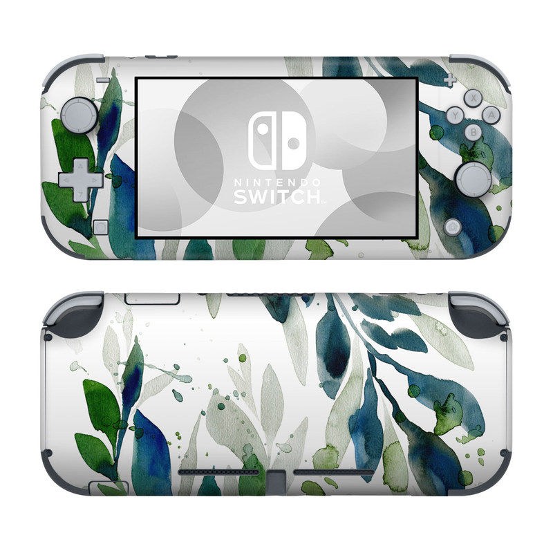 Nintendo Switch Lite Skin design of Leaf, Branch, Plant, Tree, Botany, Flower, Design, Eucalyptus, Pattern, Watercolor paint with white, blue, green, gray colors