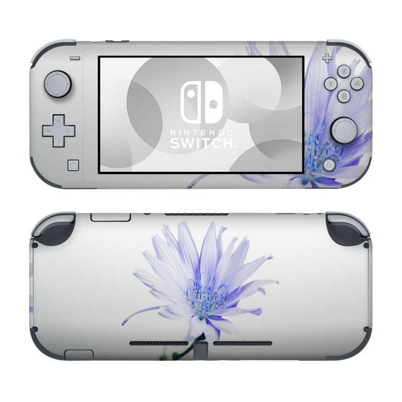 Nintendo Switch Lite Skin design of Blue, Flower, Plant, Petal, Close-up, Macro photography, Flowering plant, Herbaceous plant, Wildflower, Photography, with gray, white, yellow colors