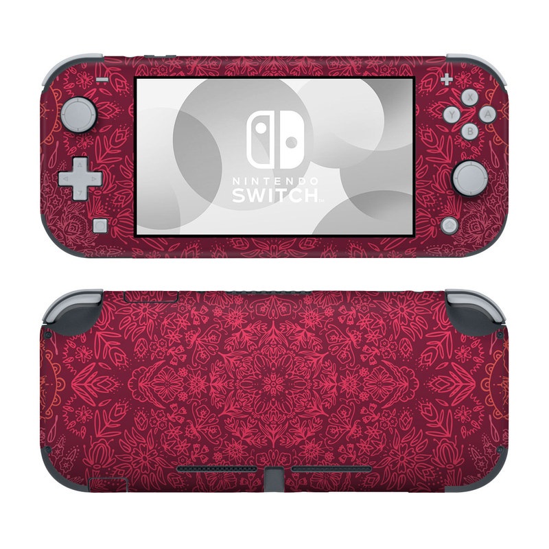 Nintendo Switch Lite Skin design of Red, Pattern, Pink, Magenta, Purple, Maroon, Violet, Textile, Design, Wallpaper, with red, black colors