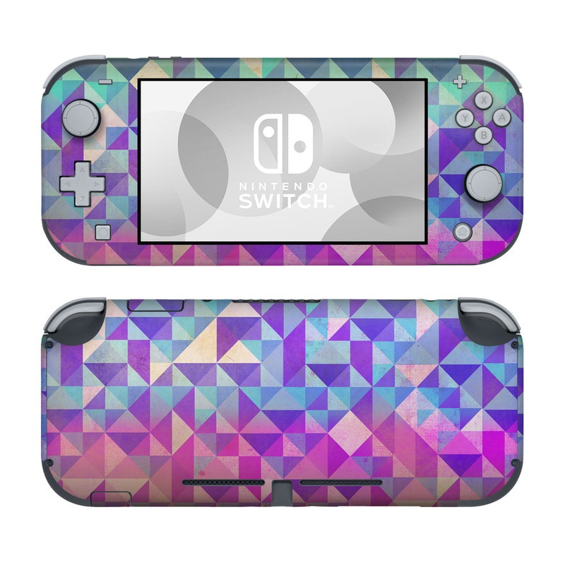 Nintendo Switch Lite Skin design of Pattern, Purple, Triangle, Violet, Magenta, Line, Design, Symmetry, Psychedelic art, with gray, purple, green, blue, pink colors