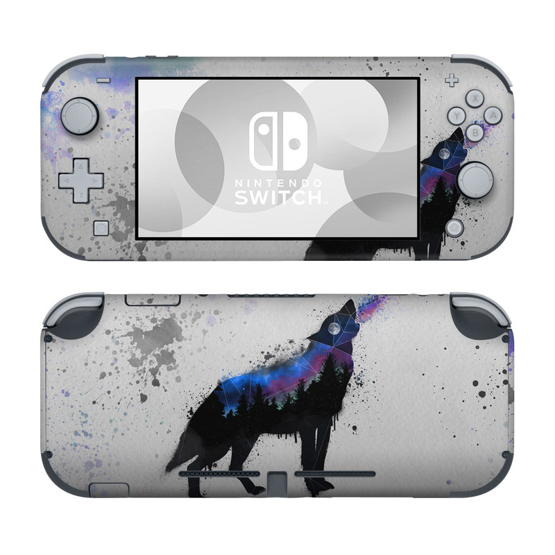Nintendo Switch Lite Skin design of Canidae, Art, Illustration, Watercolor paint, Dog, Graphic design, Street art, Acrylic paint, Painting, Visual arts, with gray, white, blue, black, green, purple colors