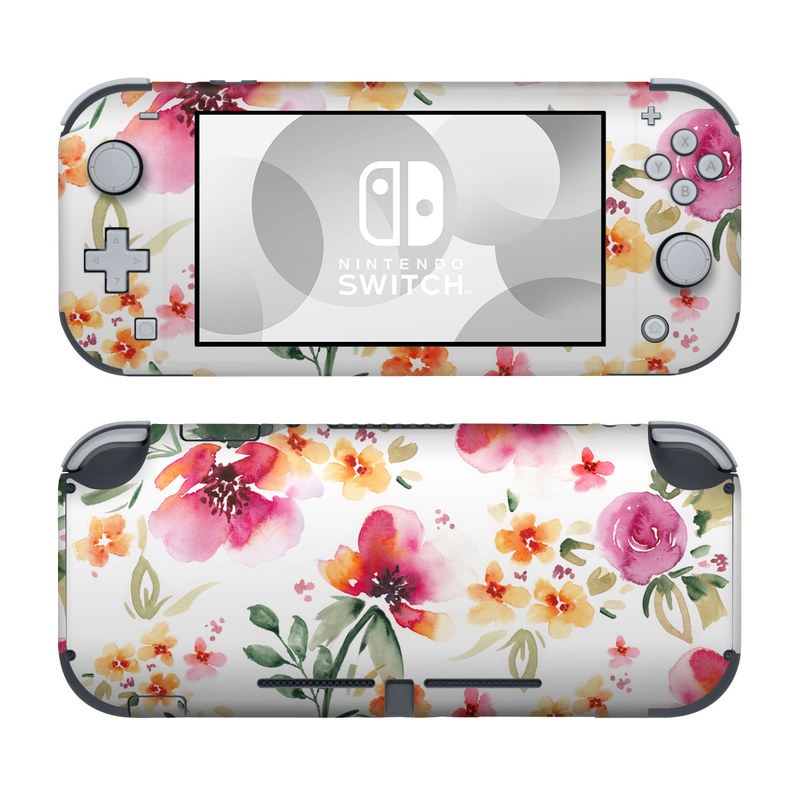 Nintendo Switch Lite Skin design of Flower, Floral design, Pink, Pattern, Petal, Plant, Botany, Design, Wildflower, Clip art, with white, pink, red, orange, green colors