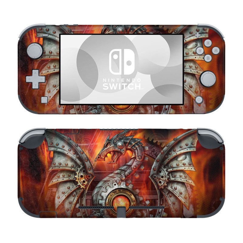 Nintendo Switch Lite Skin design of Dragon, Demon, Cg artwork, Illustration, Fictional character, Fractal art, Flame, Art, Mythology, Supernatural creature, with red, black, orange, pink, green colors