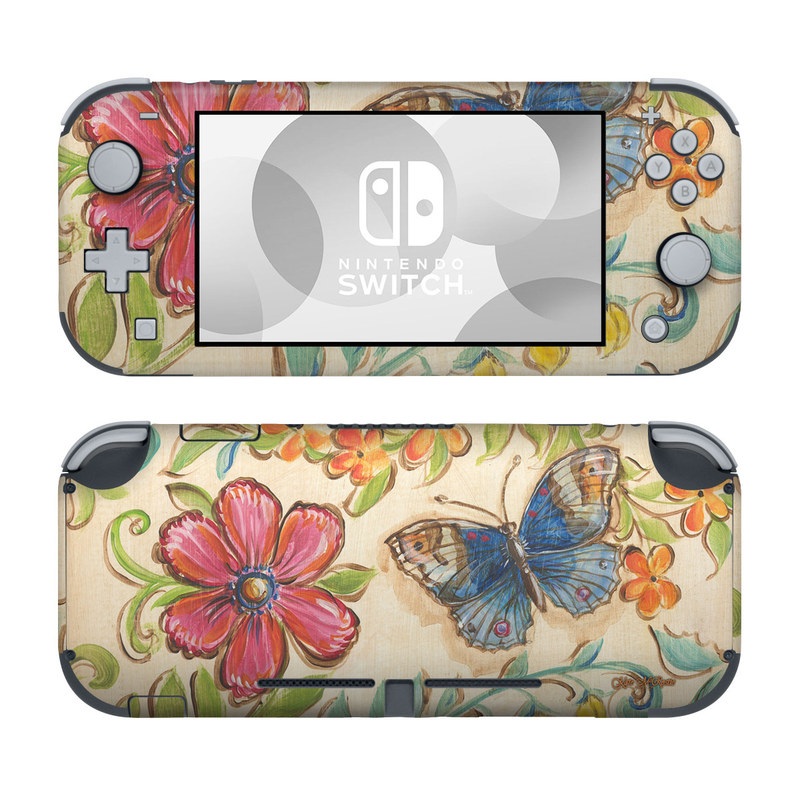 Nintendo Switch Lite Skin design of Butterfly, Moths and butterflies, Insect, Pollinator, Plant, Pattern, Watercolor paint, Wildflower, Visual arts, Brush-footed butterfly, with gray, pink, green, red, orange, blue colors