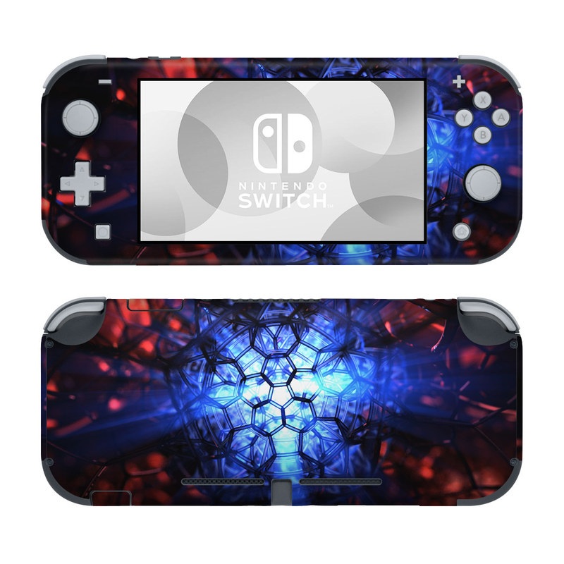 Nintendo Switch Lite Skin design of Blue, Fractal art, Red, Light, Pattern, Lighting, Art, Kaleidoscope, Design, Psychedelic art, with black, blue, red colors