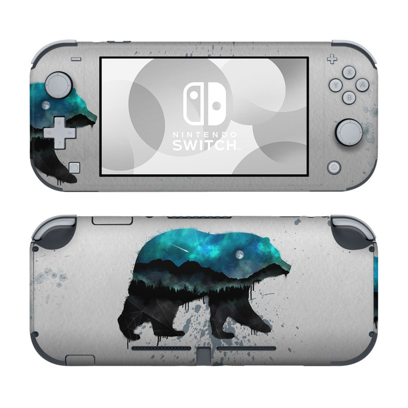 Nintendo Switch Lite Skin design of Bear, Illustration, Grizzly bear, Art, Watercolor paint, Snout, Carnivore, Graphic design, Space, Polar bear, with gray, black, white, green, blue colors