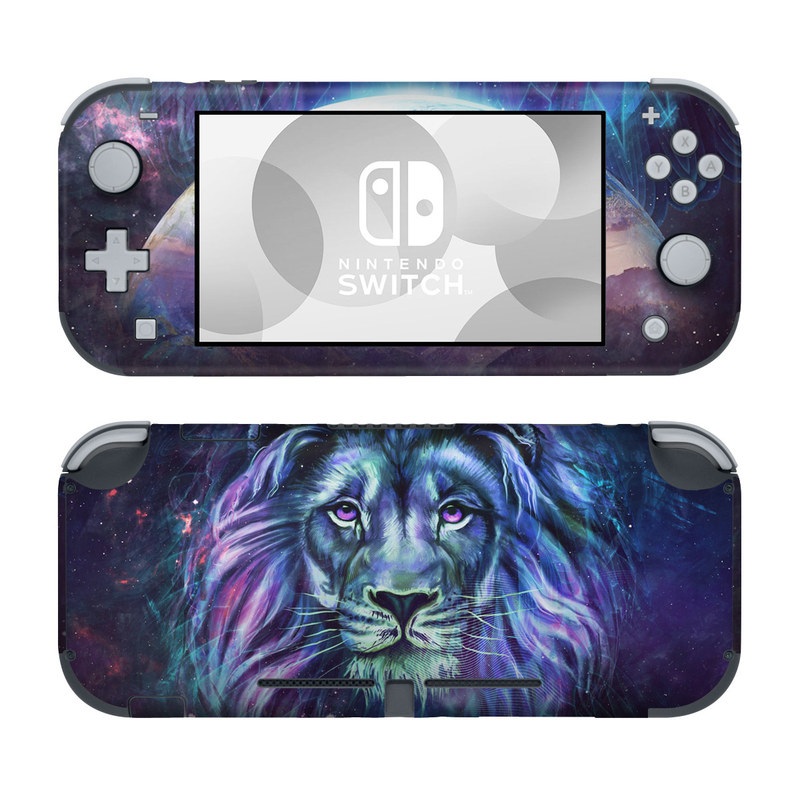 Nintendo Switch Lite Skin design of Lion, Felidae, Purple, Wildlife, Big cats, Illustration, Darkness, Space, Painting, Art, with purple, blue, green, black, white, red colors