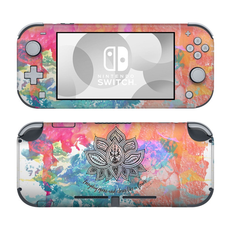 Nintendo Switch Lite Skin design of Pink, Leaf, Pattern, Design, Graphic design, Illustration, Symmetry, Visual arts, Art, Plant, with orange, yellow, red, blue, green, black colors