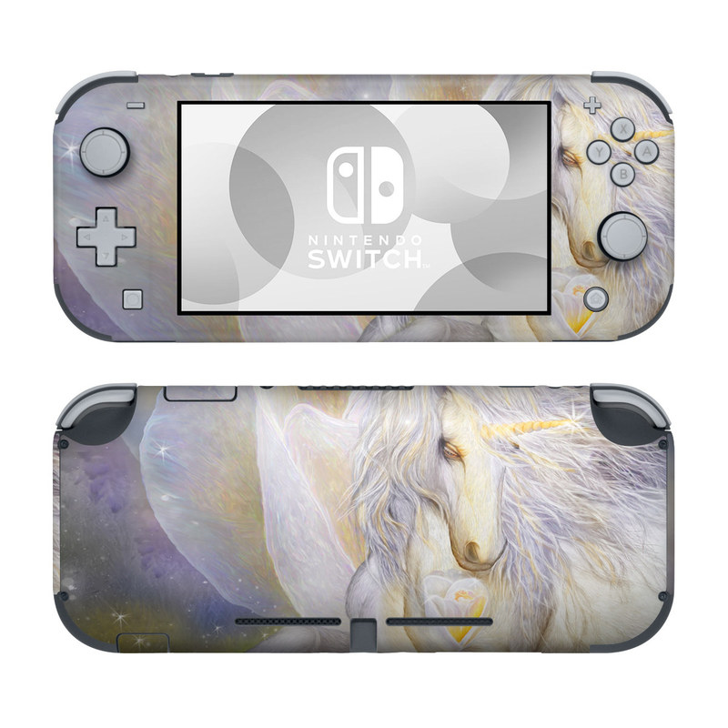 Nintendo Switch Lite Skin design of Fictional character, Mythical creature, Unicorn, Sky, Mythology, Supernatural creature, Illustration, with gray, black, green, pink, blue colors