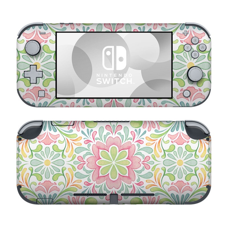Nintendo Switch Lite Skin design of Pattern, Pink, Visual arts, Design, Textile, Wrapping paper, Symmetry, Floral design, Motif, with gray, white, pink, green colors