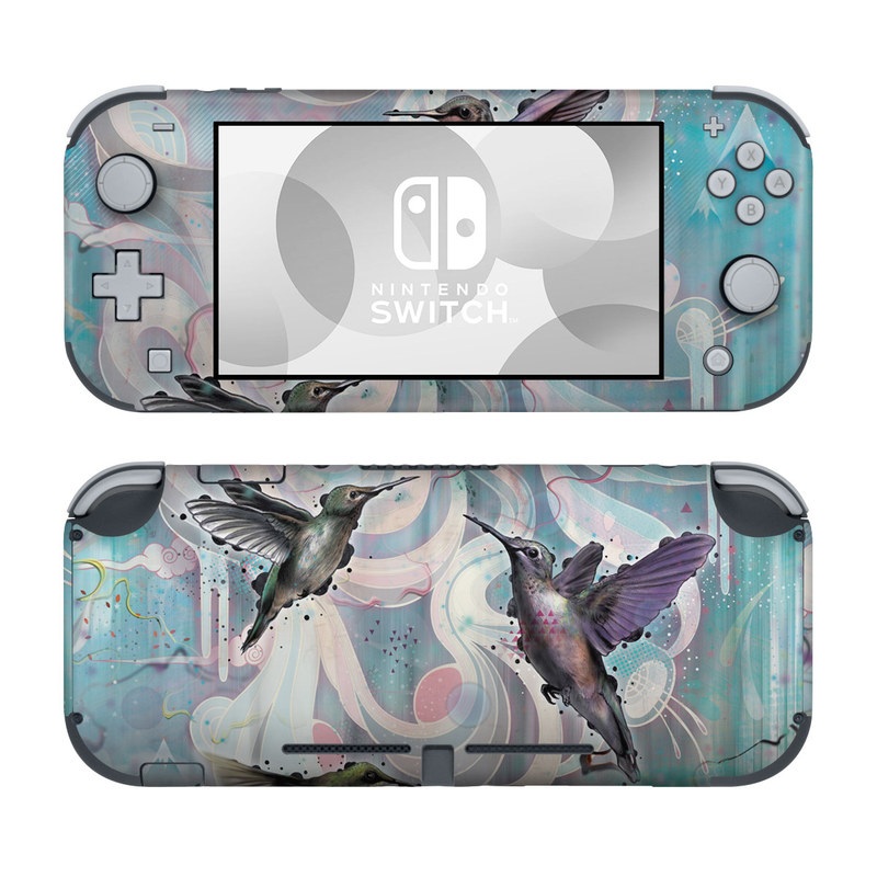 Nintendo Switch Lite Skin design of Bird, Watercolor paint, Illustration, Hummingbird, Painting, Art, Wing, Fictional character, Acrylic paint, Perching bird, with gray, blue, black colors