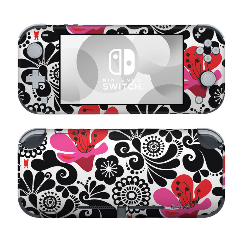 Nintendo Switch Lite Skin design of White, Product, Green, Botany, Petal, Textile, Pink, Creative arts, Line, Magenta, with black, white, pink, red colors