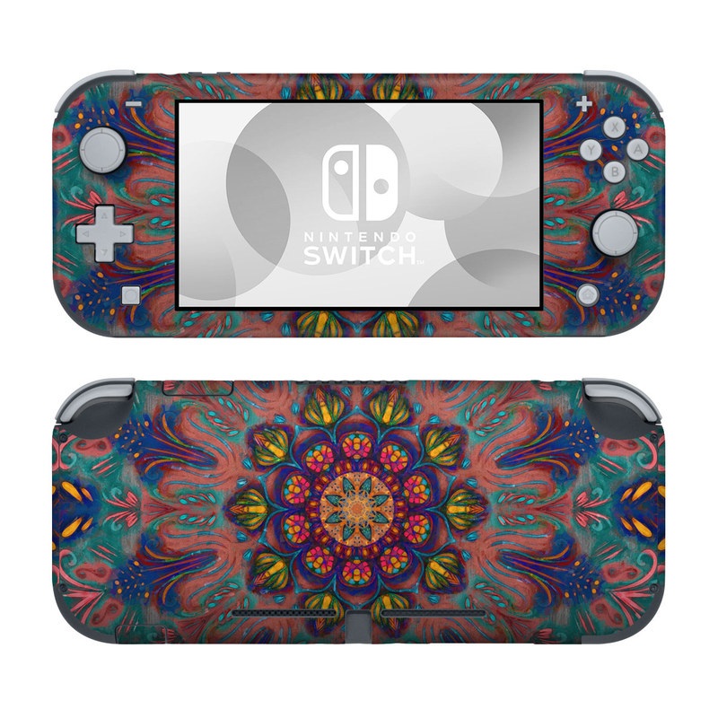 Nintendo Switch Lite Skin design of Psychedelic art, Pattern, Art, Textile, Symmetry, Visual arts, Design, Fractal art, Kaleidoscope, Tapestry, with blue, yellow, red, green, pink, green colors