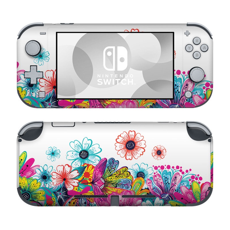 Nintendo Switch Lite Skin design of Pattern, Floral design, Design, Graphic design, Flower, Wildflower, Plant, Graphics, Clip art, Visual arts, with white, pink, blue, yellow, purple, red colors