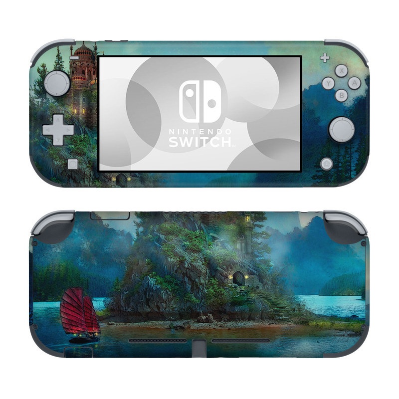 Nintendo Switch Lite Skin design of Nature, Natural landscape, Sky, Painting, Landscape, Illustration, Watercolor paint, Art, Calm, Water castle, with black, gray, blue, green colors