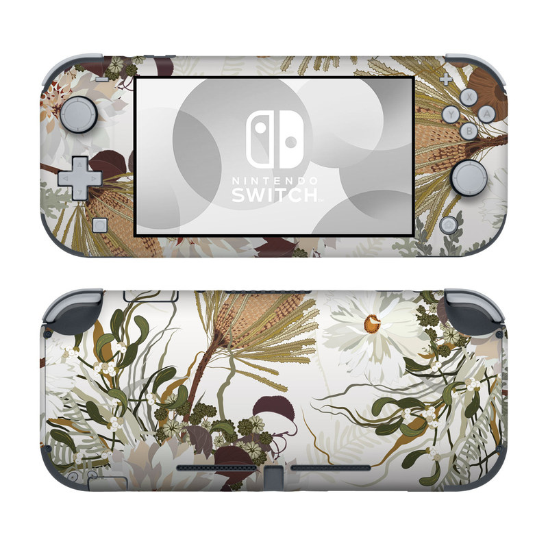 Nintendo Switch Lite Skin design of Flower, Botany, Plant, Floral design, Wildflower, Pattern, Wallpaper, Textile, Petal, Butterfly, with white, brown, green, gray colors